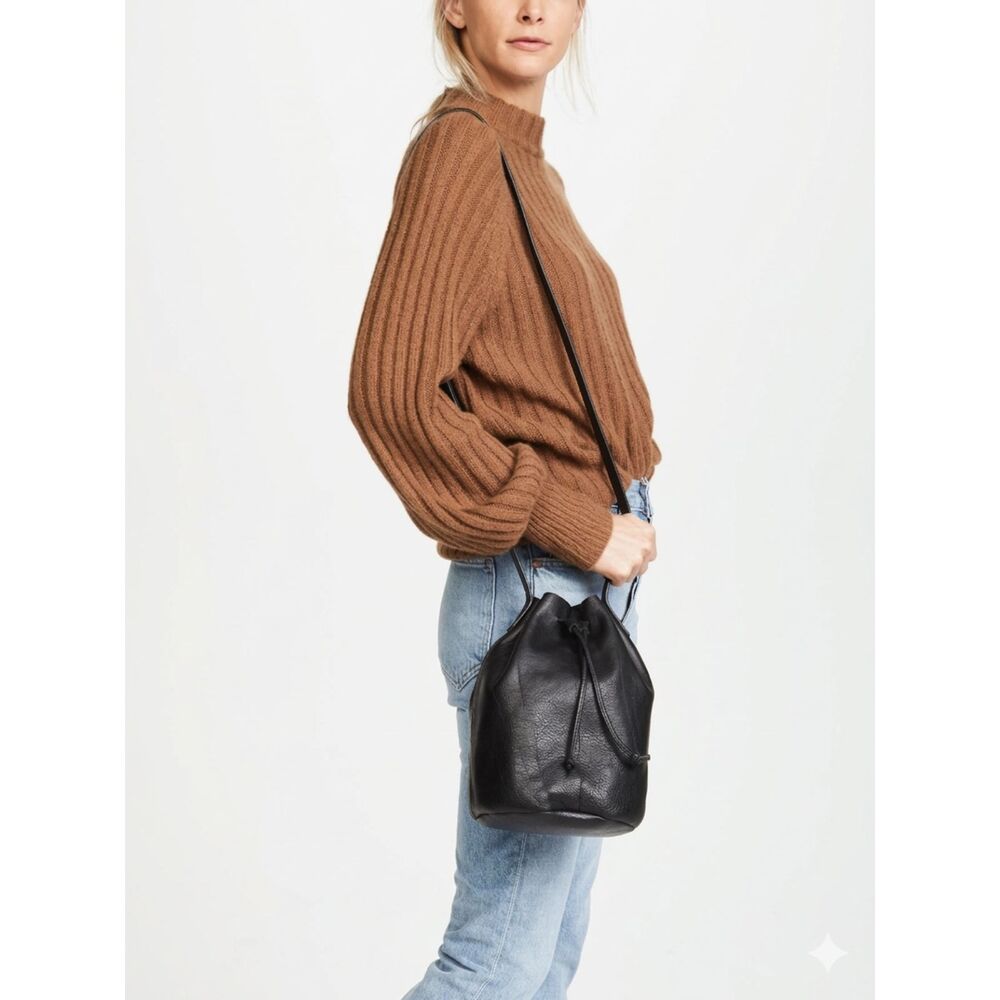 Baggu Bucket Purse Natural Milled Leather Drawstring Crossbody Bag Black USA